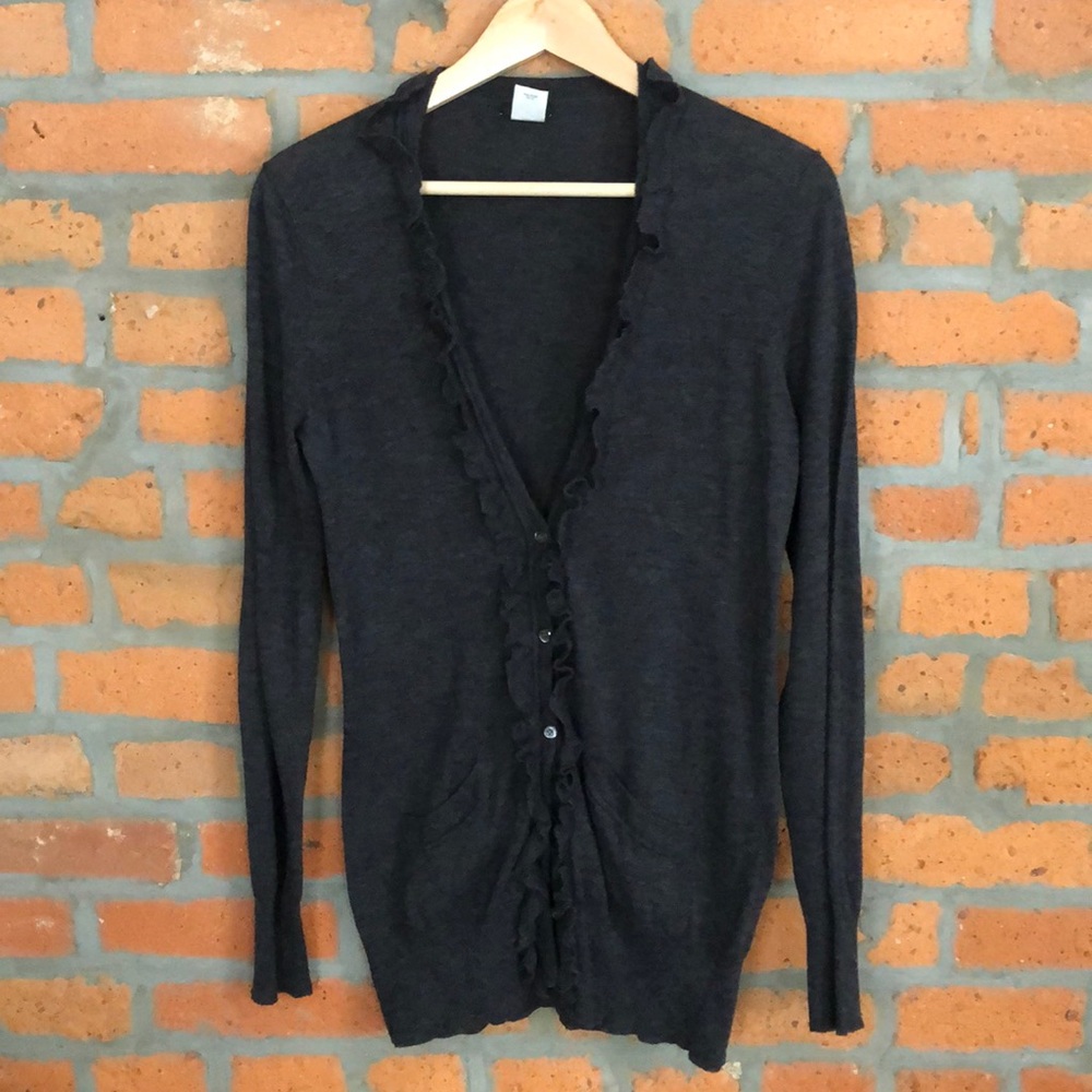 J. Crew Gray Ruffle Button Down Sweater